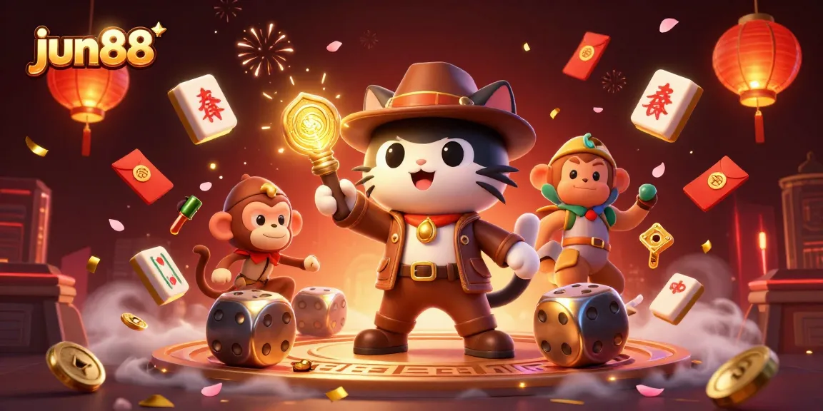 Experience thrilling wins with jun88's vibrant animated scene showcasing a cat and monkey at a golden casino.