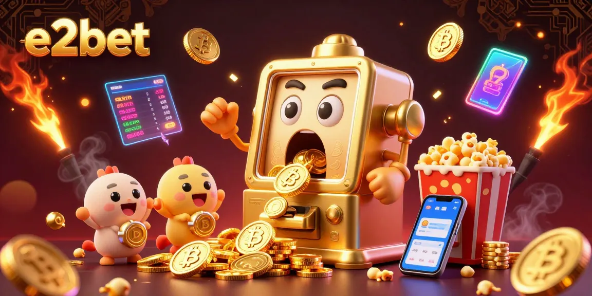 Experience the excitement of e2bet with a creative 3D illustration of a golden slot machine hitting the jackpot amidst vibrant crypto elements.