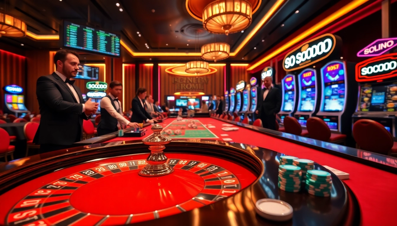 SODO Casino gaming table scene with roulette wheel and vibrant ambiance for high-stakes gambling.