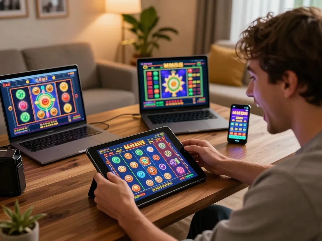 MM88 player enjoying an online slots game on a tablet in a cozy living room, showcasing excitement and engagement.