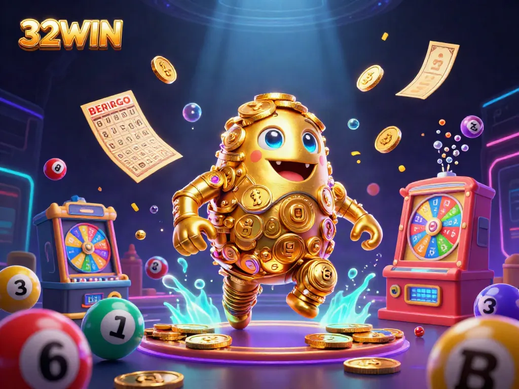 Play exciting games at 32WIN with a golden golem and vibrant casino elements
