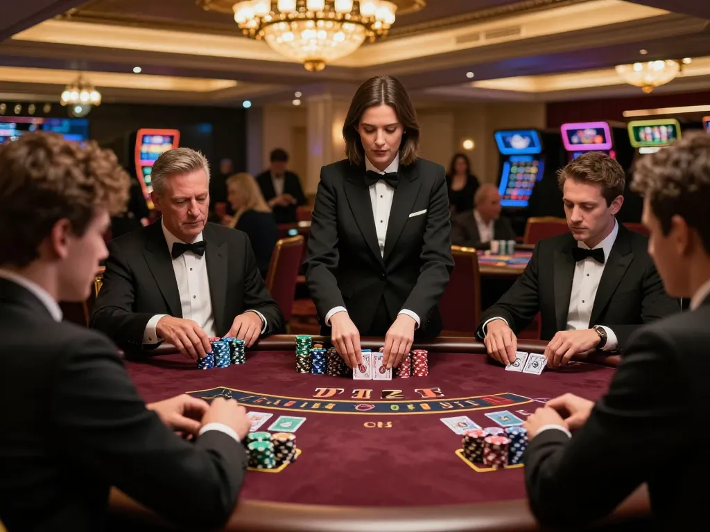 Engaged players at a blackjack table in an upscale hk casino, demonstrating strategic gameplay with chips placed and cards dealt.