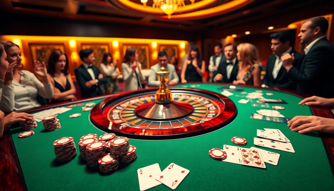 SCLUB88 players engaged at a vibrant casino table, highlighting excitement and luxury in online gambling.