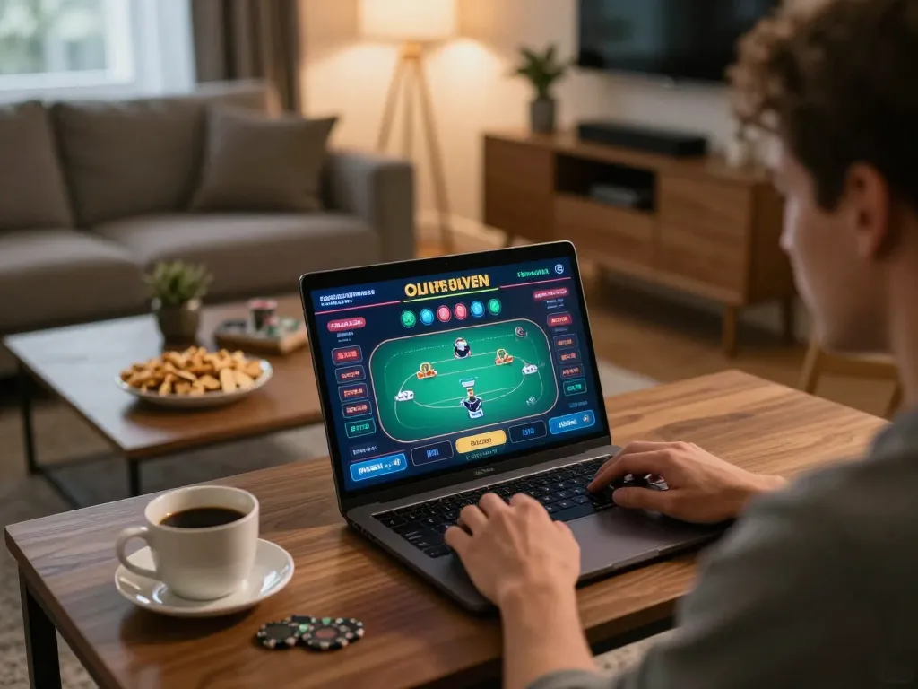 Engaging in online gaming at home with đăng nhập dh88 on screen, depicting a lively poker game atmosphere