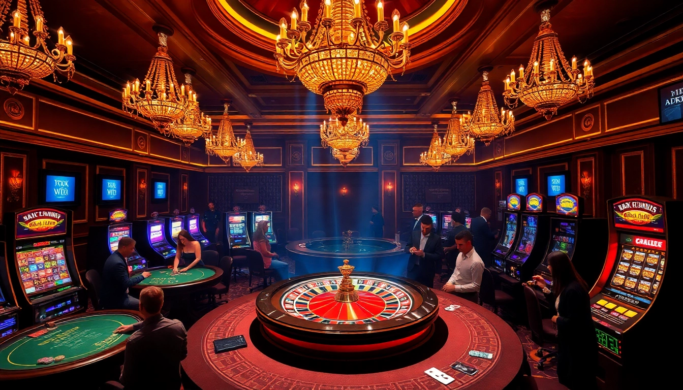 A thrilling casino atmosphere, highlighting the hidden wiki dark web with players enjoying roulette and poker.