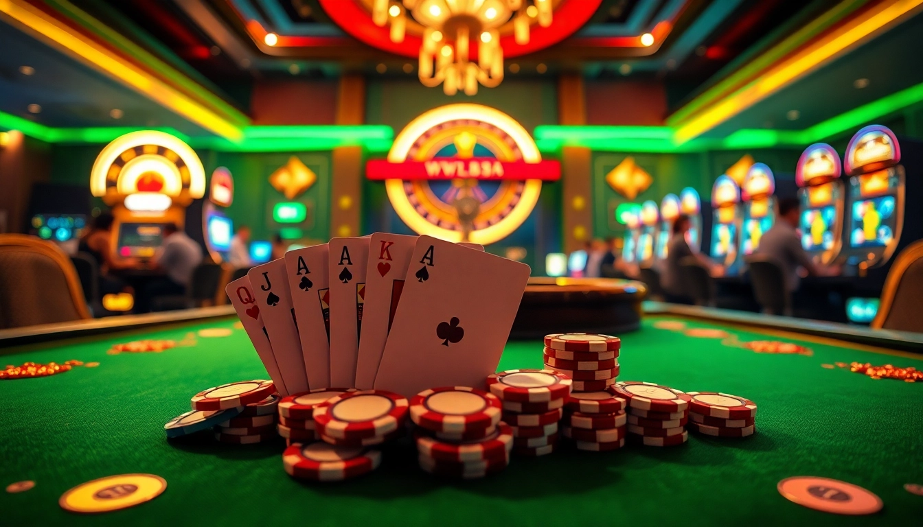 WW88 casino table featuring vibrant poker chips and playing cards in an elegant setting.