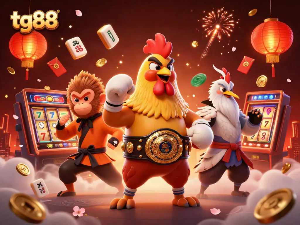 Engage with tg88 in a vibrant casino scene featuring unique characters and festive elements.