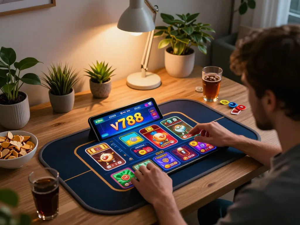Engaging in v788 casino games on a tablet in a cozy home office setup.