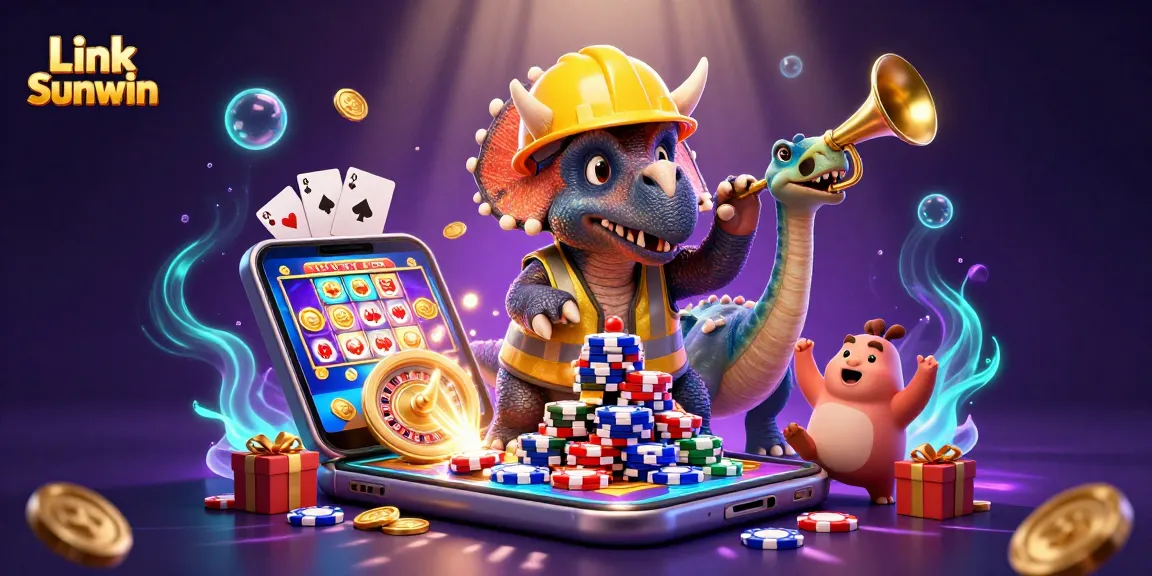 Engage with Link Sunwin through a vibrant 3D casino illustration featuring lively characters and dynamic gaming elements.