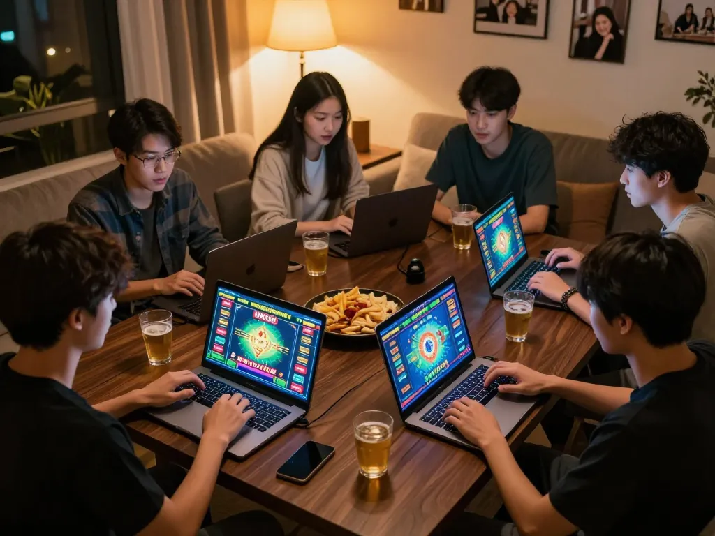 Hitclub online gaming session with players interacting over laptops in a cozy atmosphere