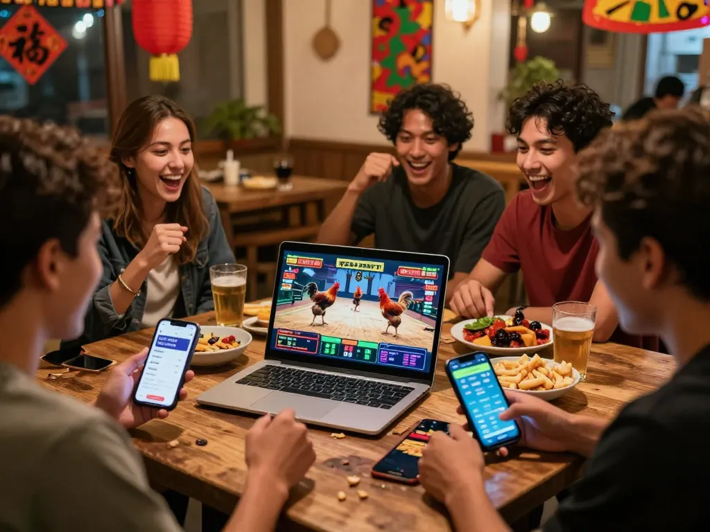 Friends enjoying live chicken fighting and betting at GA179 online platform.