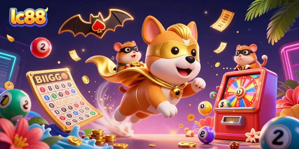 Experience thrilling casino action with lc88's vibrant 3D cartoon illustration showcasing a superhero dog and a hamster amidst dynamic gaming elements.