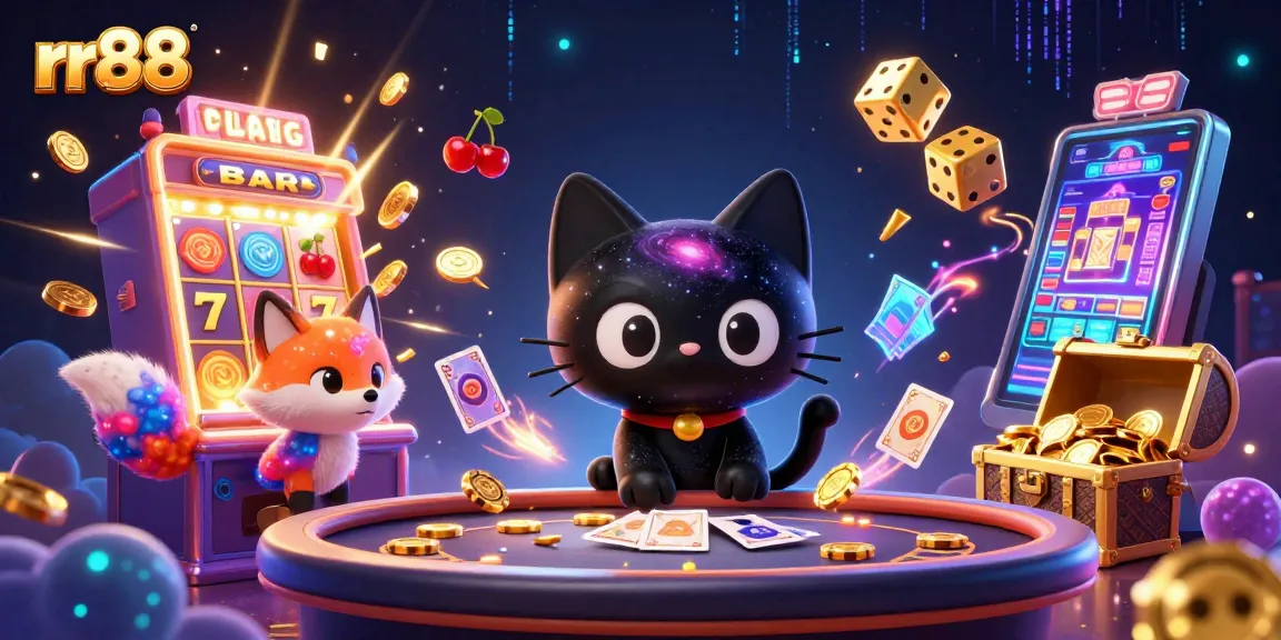 Experience rr88's thrilling casino environment with vibrant characters and bursting jackpots amidst colorful game elements.
