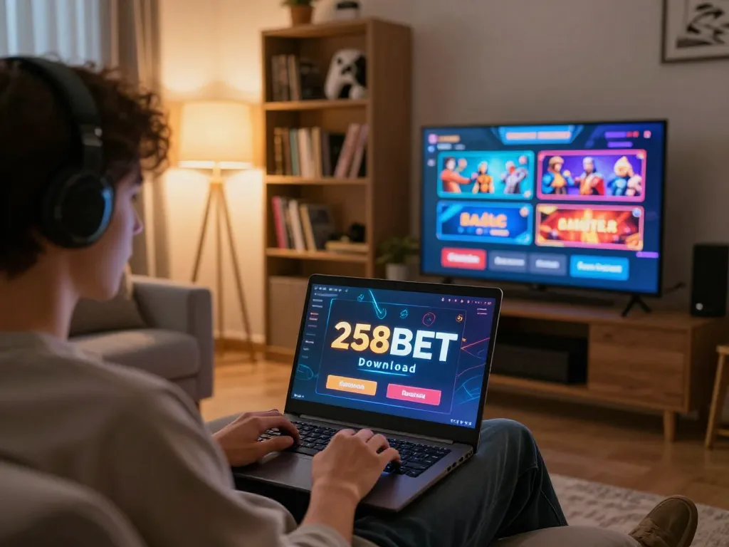 Engaging scene of a player using the 258bet download on a laptop, showcasing online casino gaming in a cozy environment.