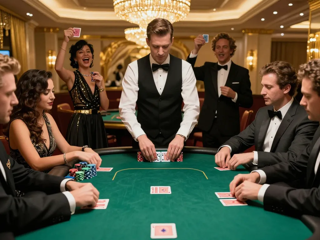 Players engage in intense poker gameplay at 7M's elegant casino table, showcasing excitement and strategy.