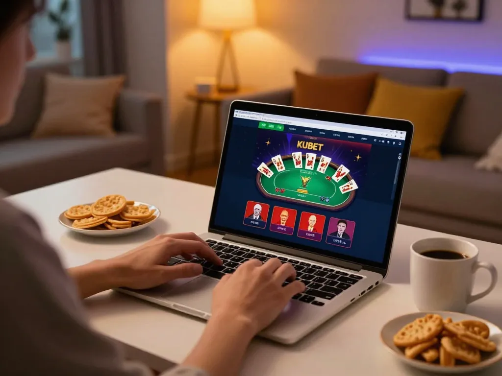 KUBET online gaming scenario with player focused on strategic poker hands in warm ambiance.