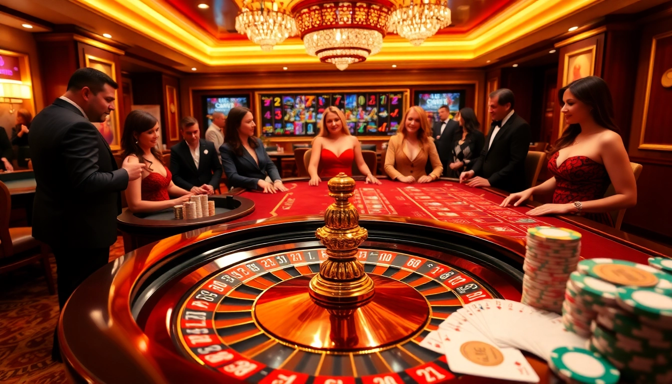Players at LuckyWin casino engage in a high-stakes game featuring roulette and poker, surrounded by vibrant casino elements.
