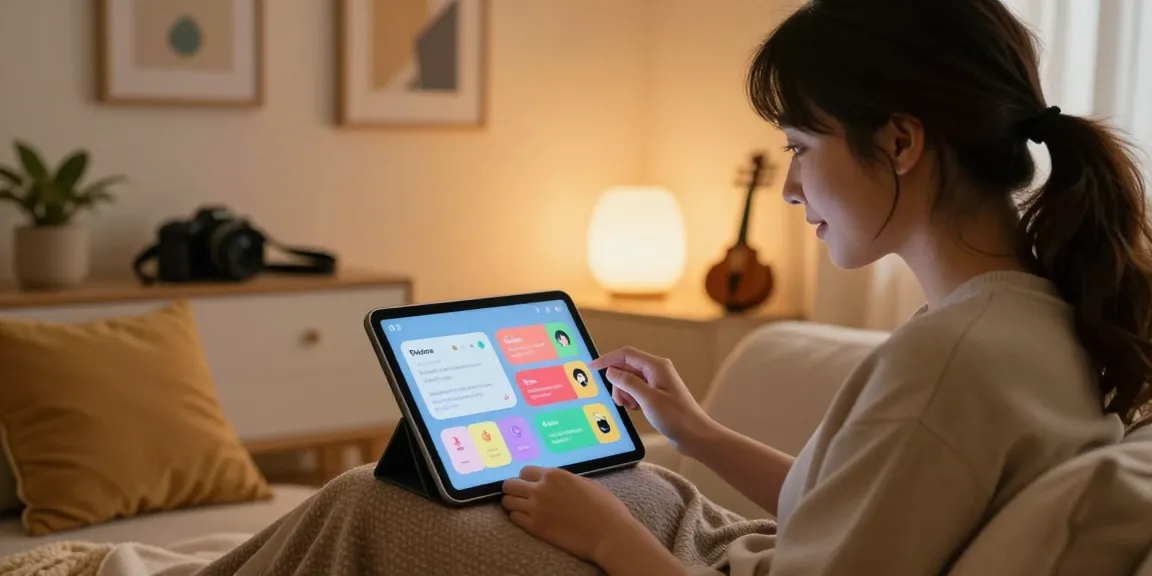 Engaging in sex chat AI interactions on a tablet in a cozy, modern setting.