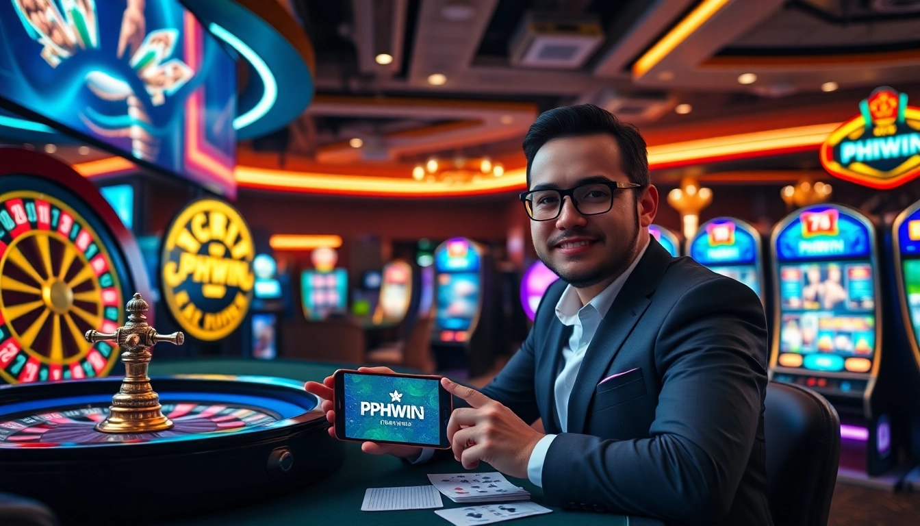 Experience thrilling gameplay at PHWIN, featuring an engaging roulette table and vibrant slot machines.