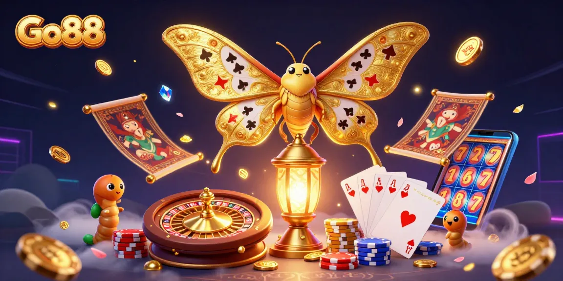 Go88 offers thrilling gaming adventures with golden butterfly and casino elements dynamically illustrated.