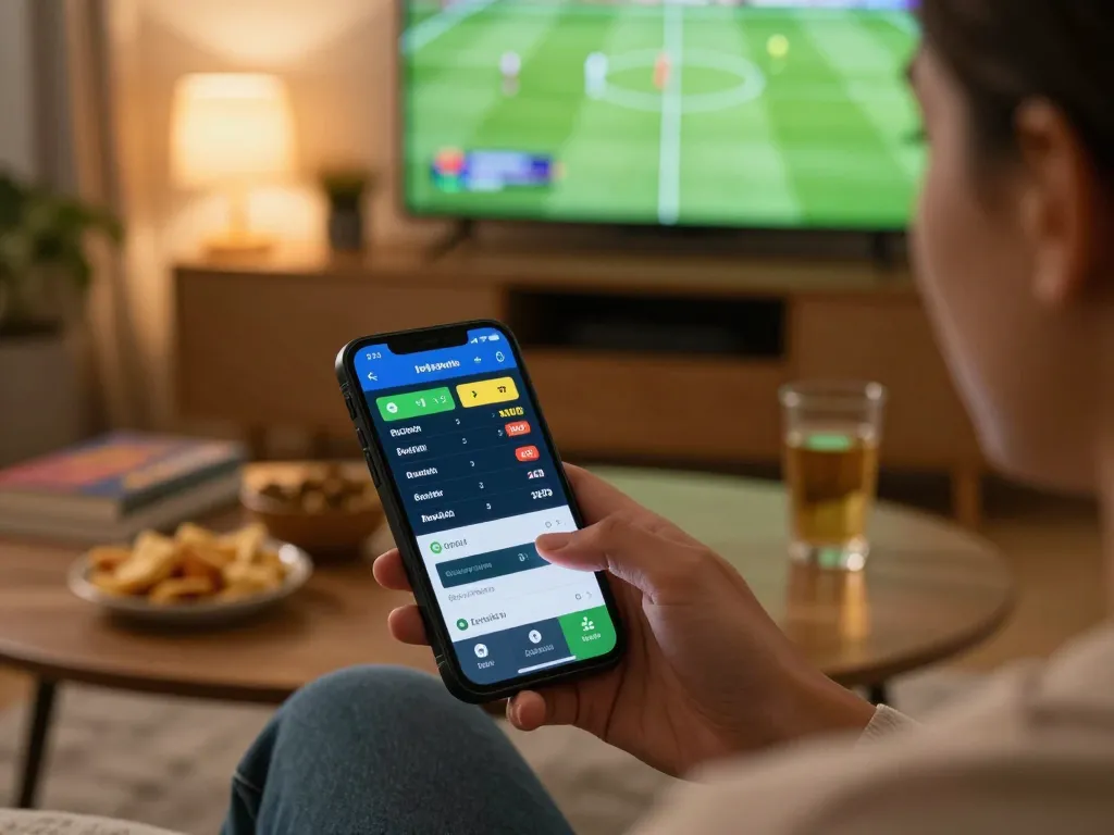 Engaging in live sports betting on smartphone while watching a match at home, keo nha cai displayed on screen