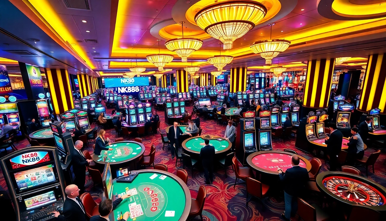 Engaging scene at nhà cái nk88 casino with players betting at poker and roulette tables.