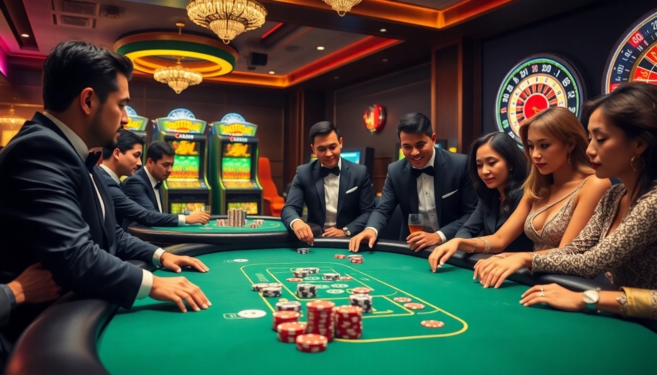 Players enjoying an intense poker game at B52 casino, surrounded by vibrant slot machines.