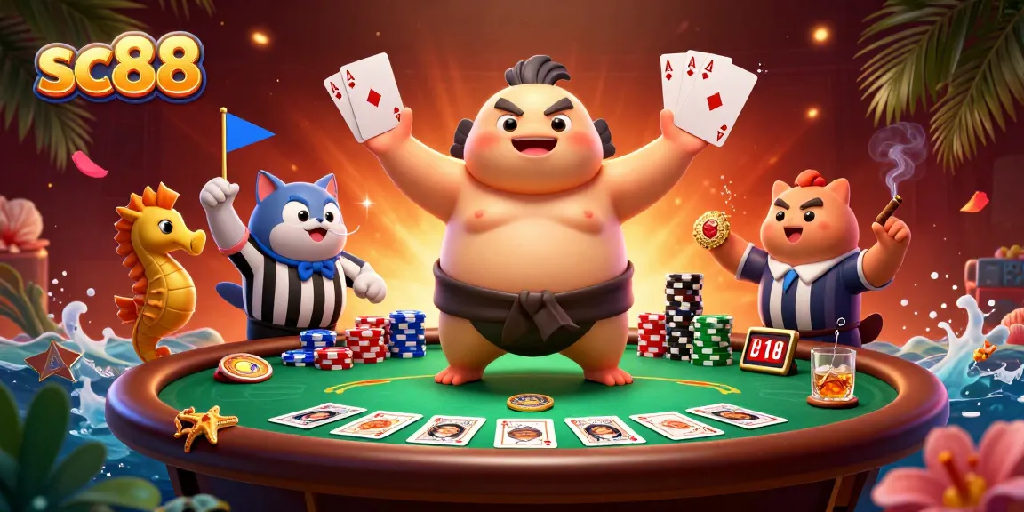 Engage with exciting sc88 casino gaming experience featuring a fugu character at a poker table.