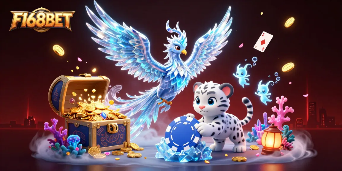 Engage in the F168BET experience with a dazzling ice phoenix and vibrant casino elements.