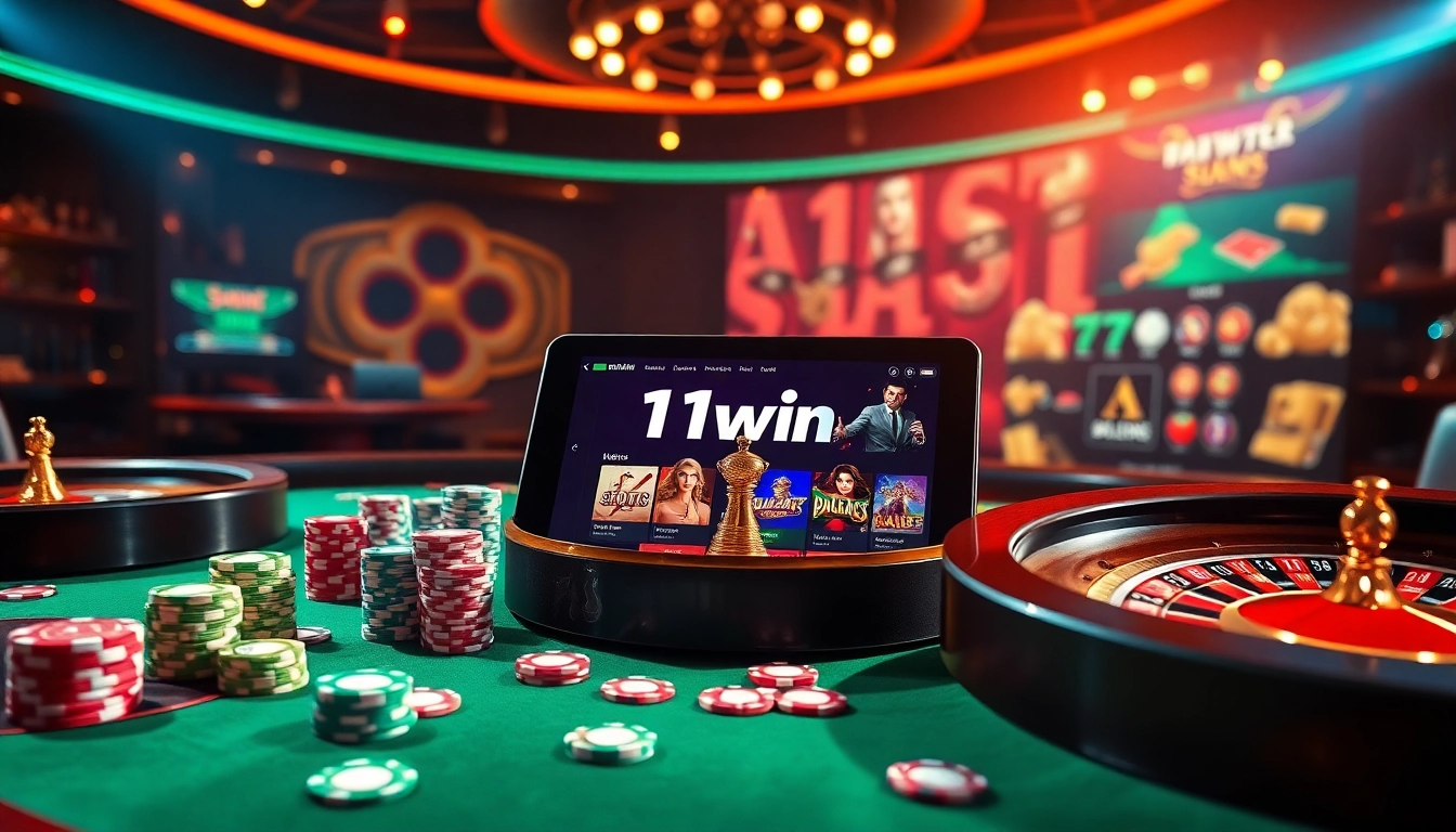 Engage in thrilling bets at https://11win.ru.com/ with an exciting casino environment showcasing roulette wheels and poker chips.