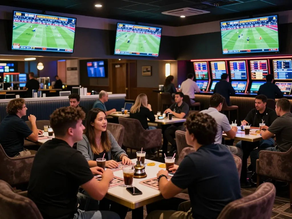 Engaged bettors analyzing odds on keobongda in a vibrant sports betting lounge.
