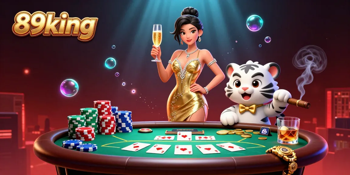 Engage with thrilling moments at 89king, featuring a glamorous woman and lucky tiger in a vibrant casino scene.