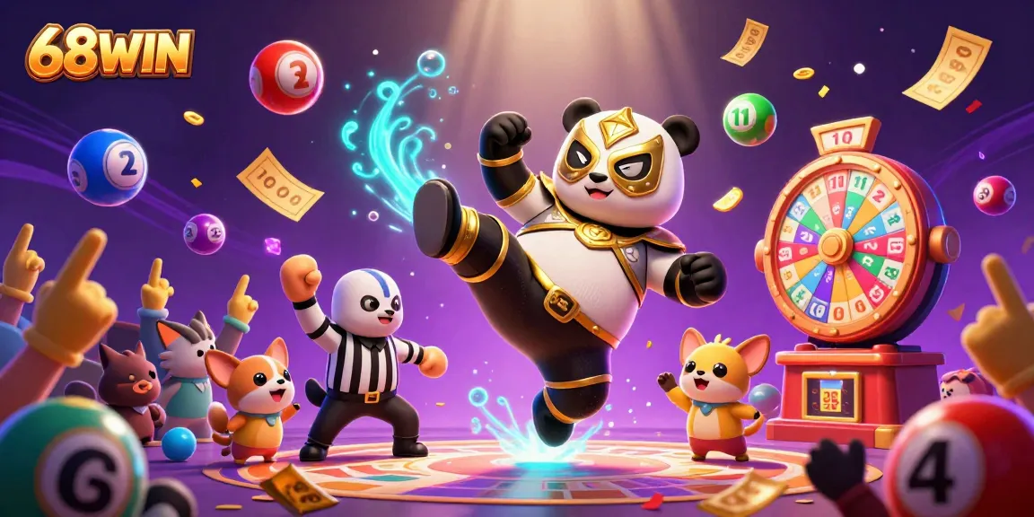 Experience the excitement of gambling with 68WIN featuring cartoon characters amidst vibrant lottery and casino elements.