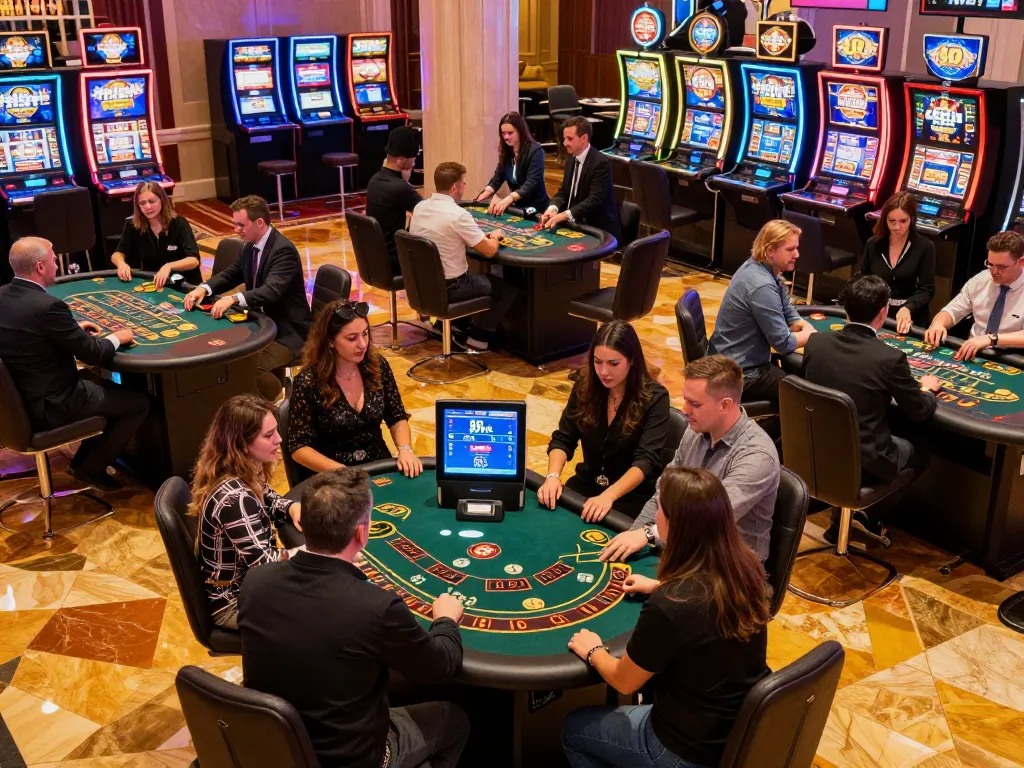 Engaged gamblers using the 89 bet kiosk in a vibrant casino setting, highlighting online and traditional gaming.