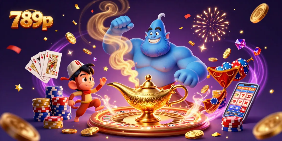 Win big at 789p with the genie amidst gold coins and poker chips, embracing excitement.