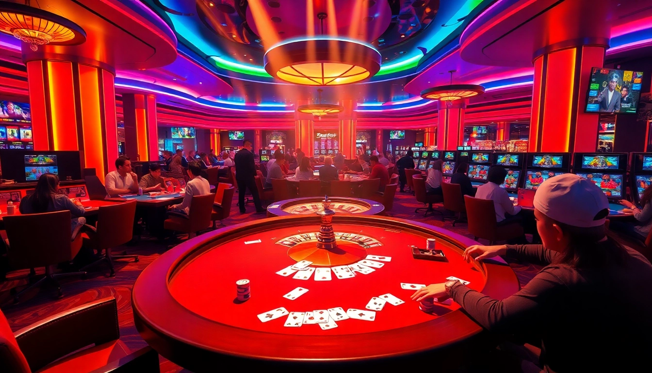 Exciting casino atmosphere at trang chủ kim88 with poker tables and roulette wheels.