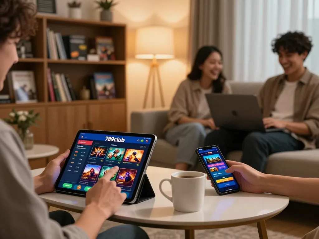 Enjoying the immersive experience of 789club gaming app on a tablet in a cozy home setting, showcasing responsible gambling.