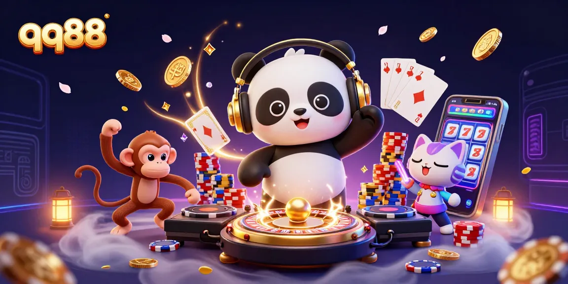 Join the fun with qq88, featuring a DJ panda and vibrant casino characters in an animated celebration.