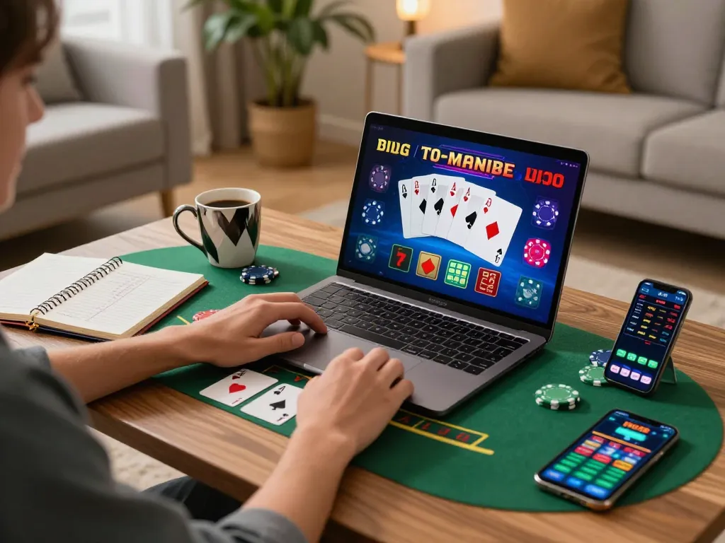 EE88 player enjoying a live blackjack game on laptop with cards and chips displayed, cozy home environment.