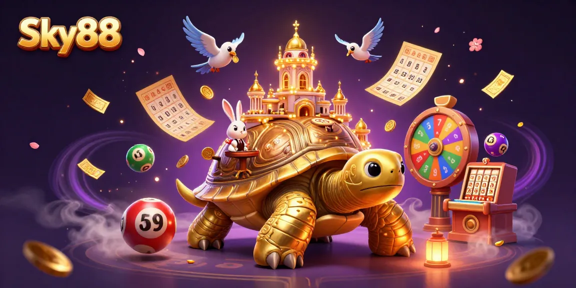 Sky88 features a golden tortoise casino scene with a rabbit dealer and colorful lottery balls
