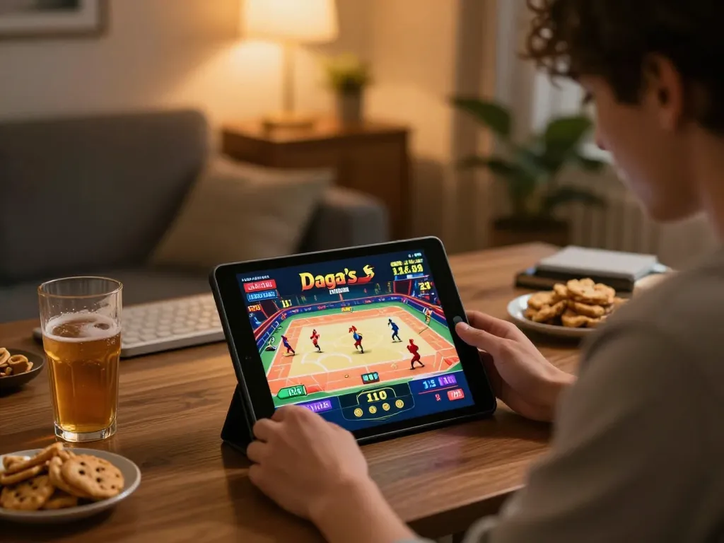 Daga player engaging in live betting with a tablet, showcasing vibrant chicken fighting action