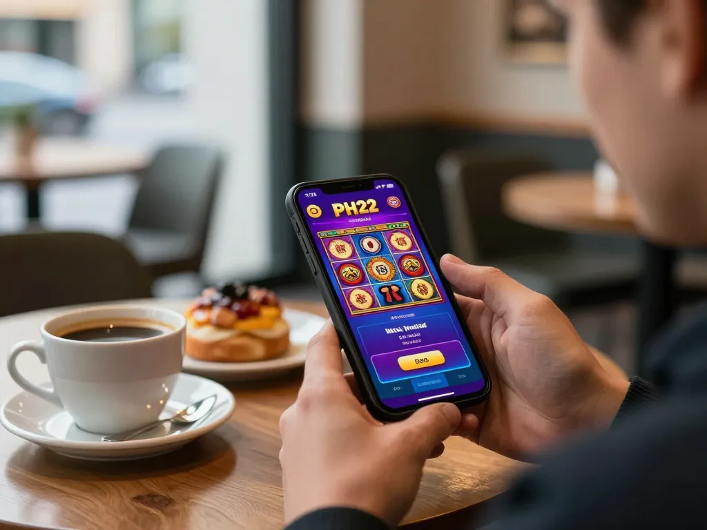 Player enjoying the PH22 app on smartphone, with vibrant slot game interface visible