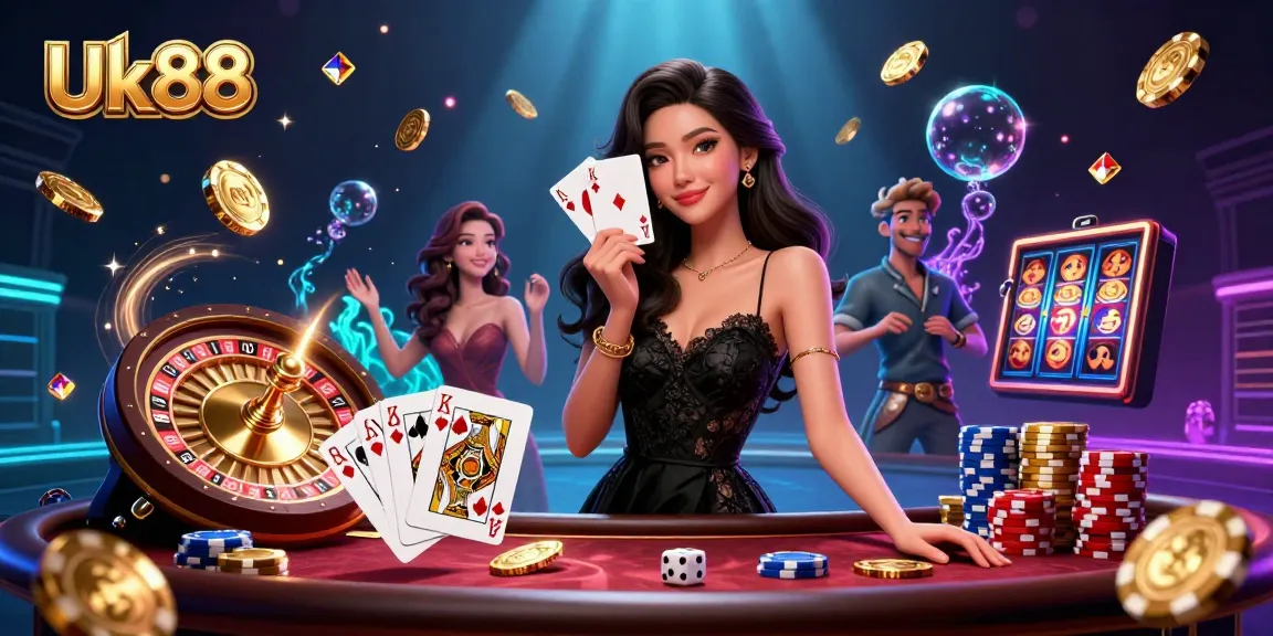 Experience the thrill at Uk88 with a glamorous casino scene featuring an elegant woman and gaming elements.