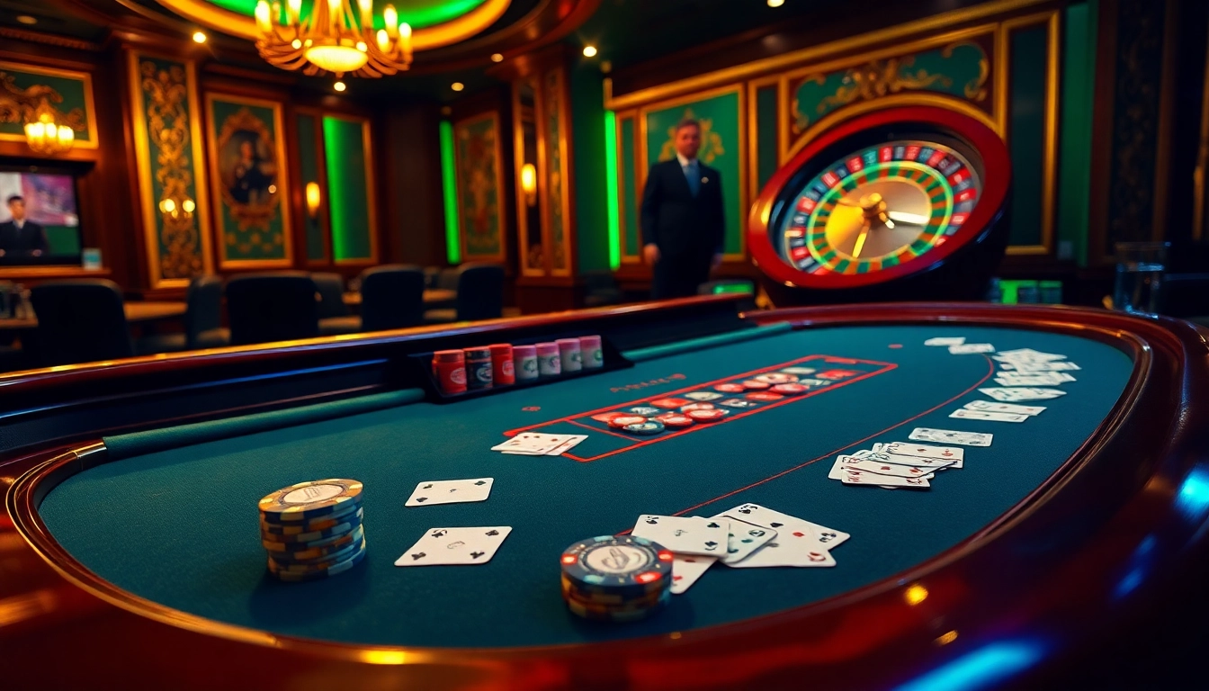 Experience the thrill of gaming at the bdtk66 blog's luxurious casino scene featuring vibrant tables and cards.