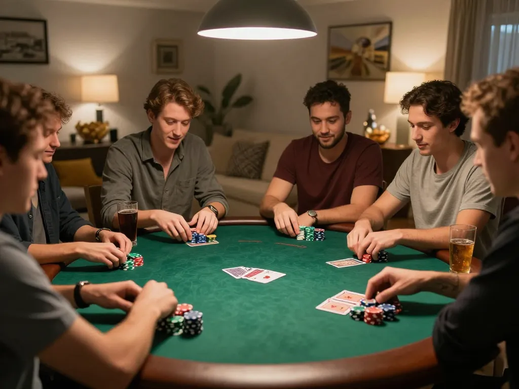 Friends enjoying a lively poker night at home, reflecting the essence of keo nha cai and competitive gameplay.