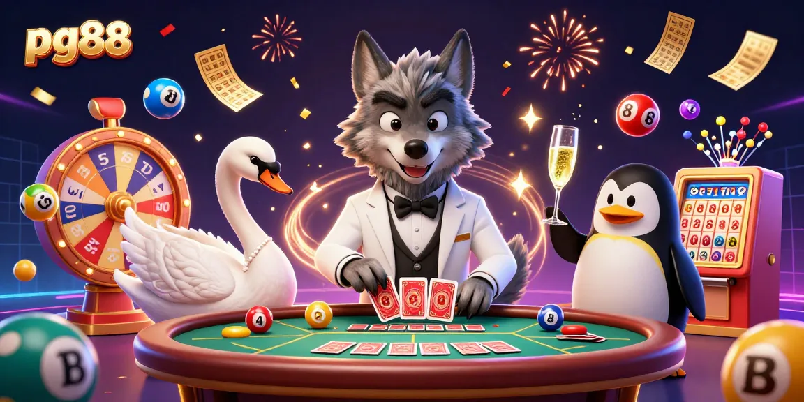 Engage with pg88's vibrant lottery experience featuring colorful elements and charming characters in a festive casino setting.