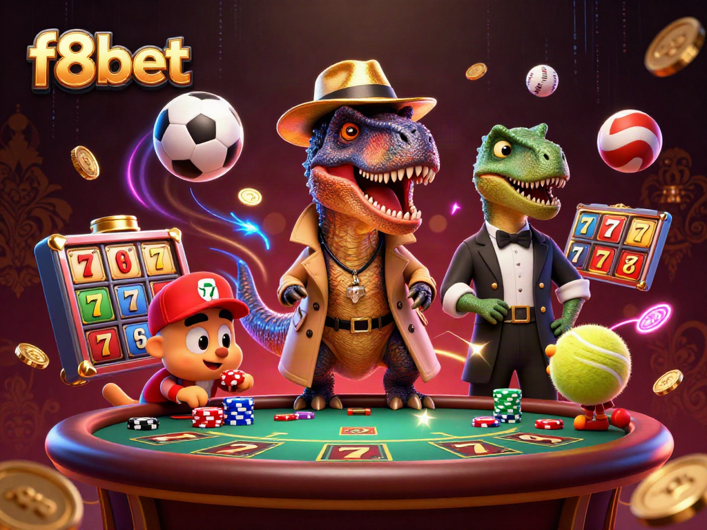 Engage in exciting f8bet casino gameplay with a dynamic scene featuring a velociraptor at a blackjack table.