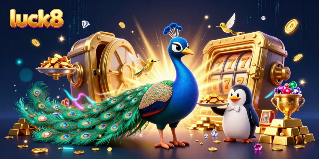 Experience the thrill of luck8 with vibrant casino elements and charming characters in a colorful scene.
