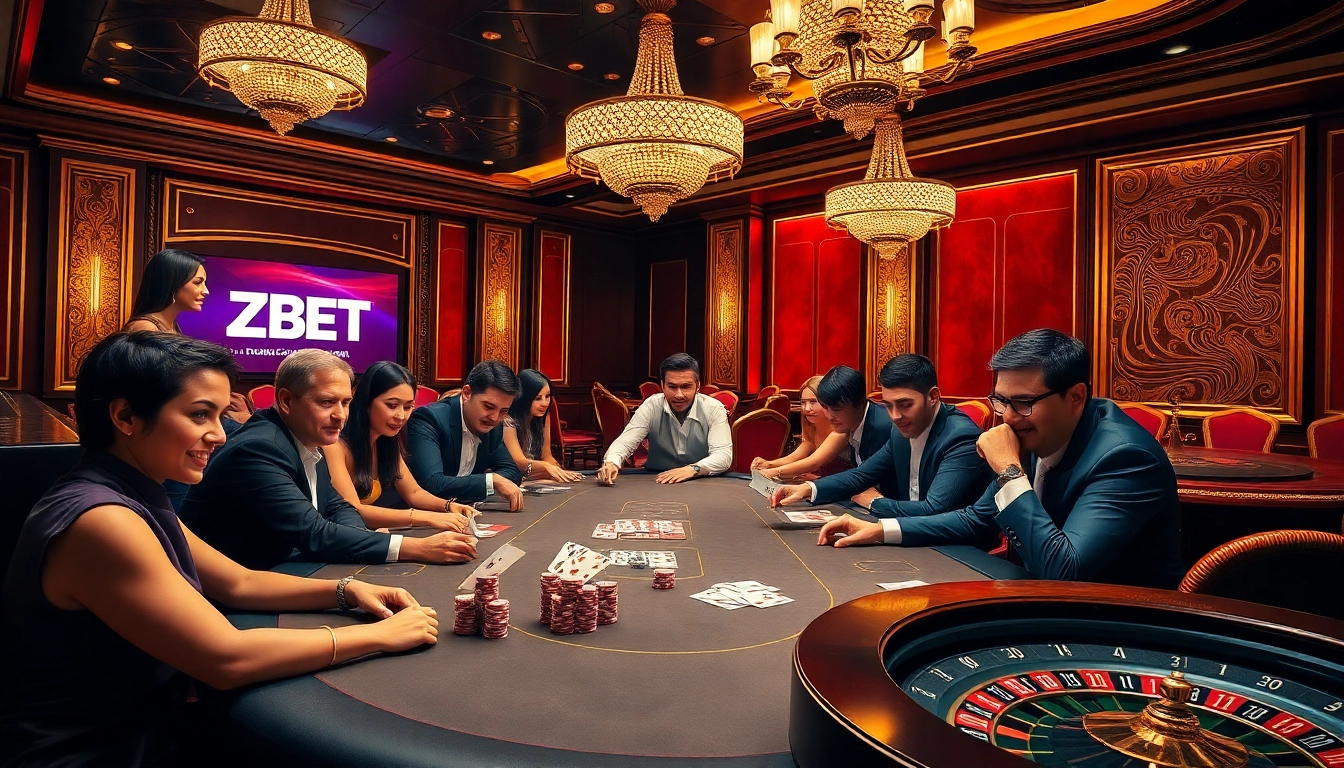 ZBET poker room scene with players at a vibrant table and dealer managing cards.