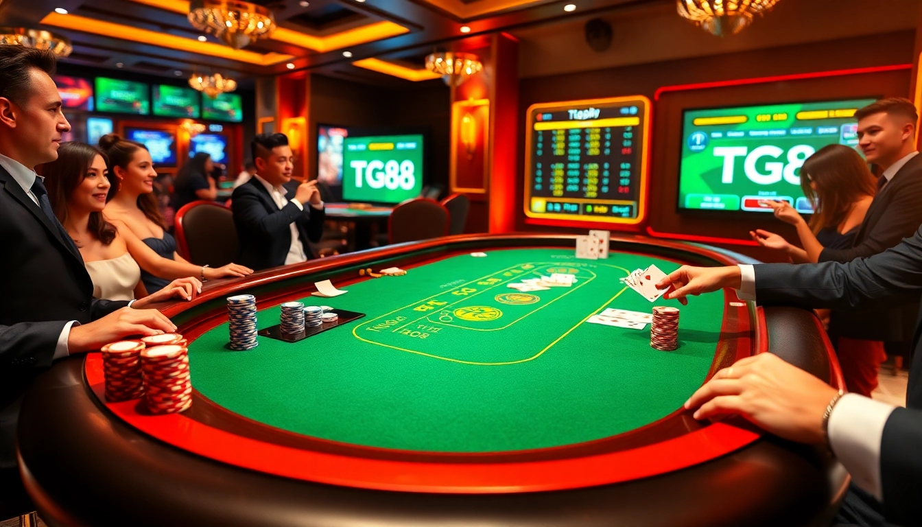 Engaged players executing strategic bets on TG88 blackjack table with vibrant chip stacks and cards